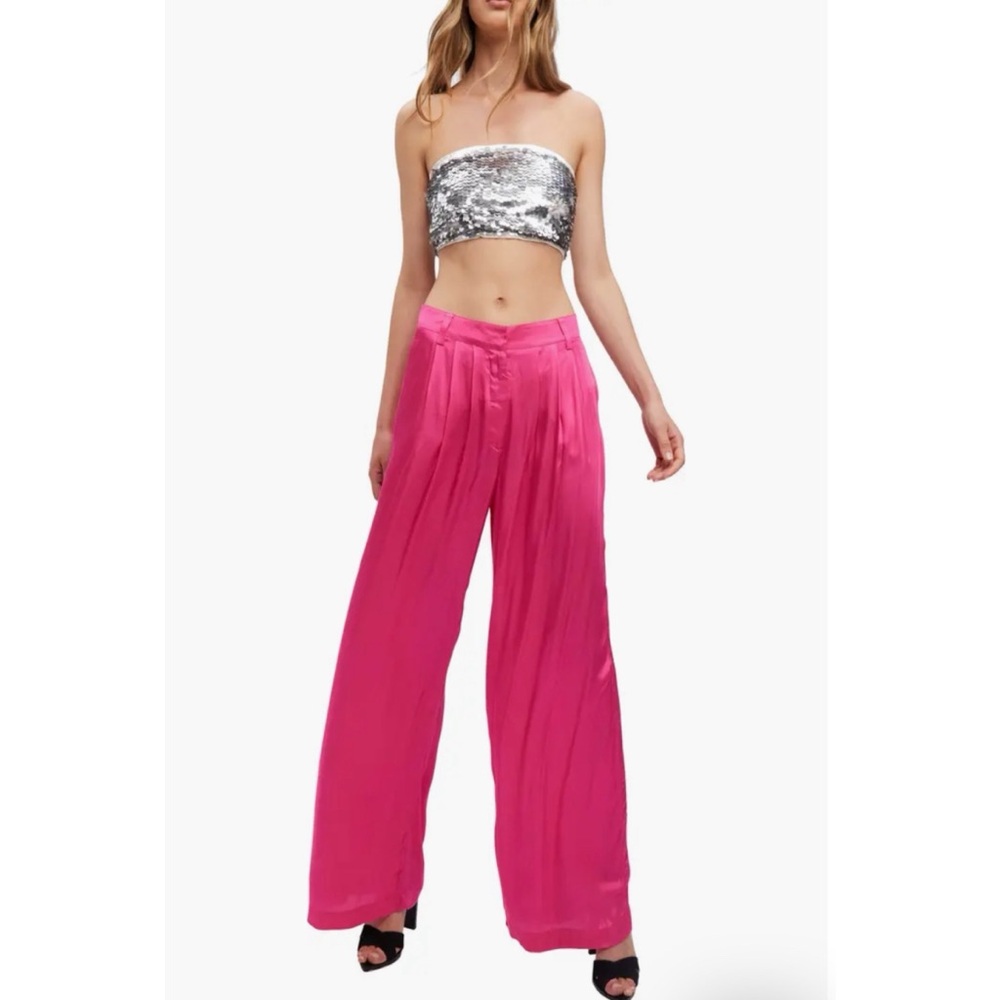 Bardot Hot Pink Satin Lena Pleat Front Satin Pants, US8